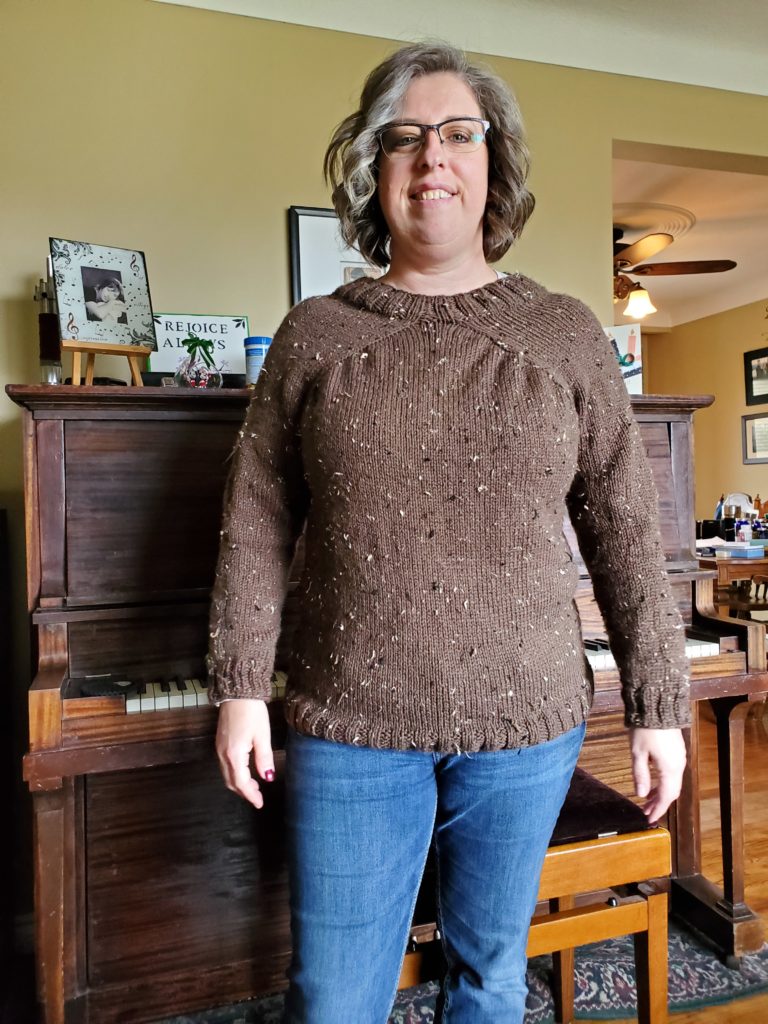 Charlene in her Plain Jane Sweater from Knitting in the Park