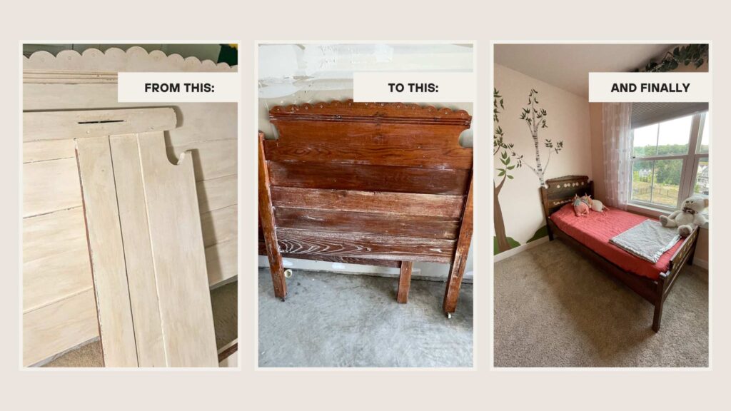 We turned a $40 chalk painted bed frame into the big girl bed frame of my daughter's dreams. 