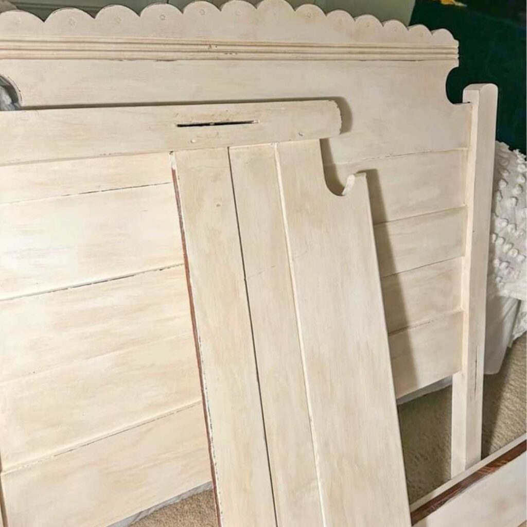 The before picture: before I removed the white chalk paint on this antique bed frame.